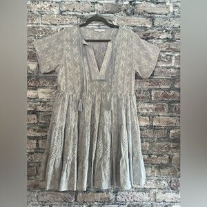 Olivaceous baby blue Plunge Neck embroidered eyelet ruffled tiered flowySundress